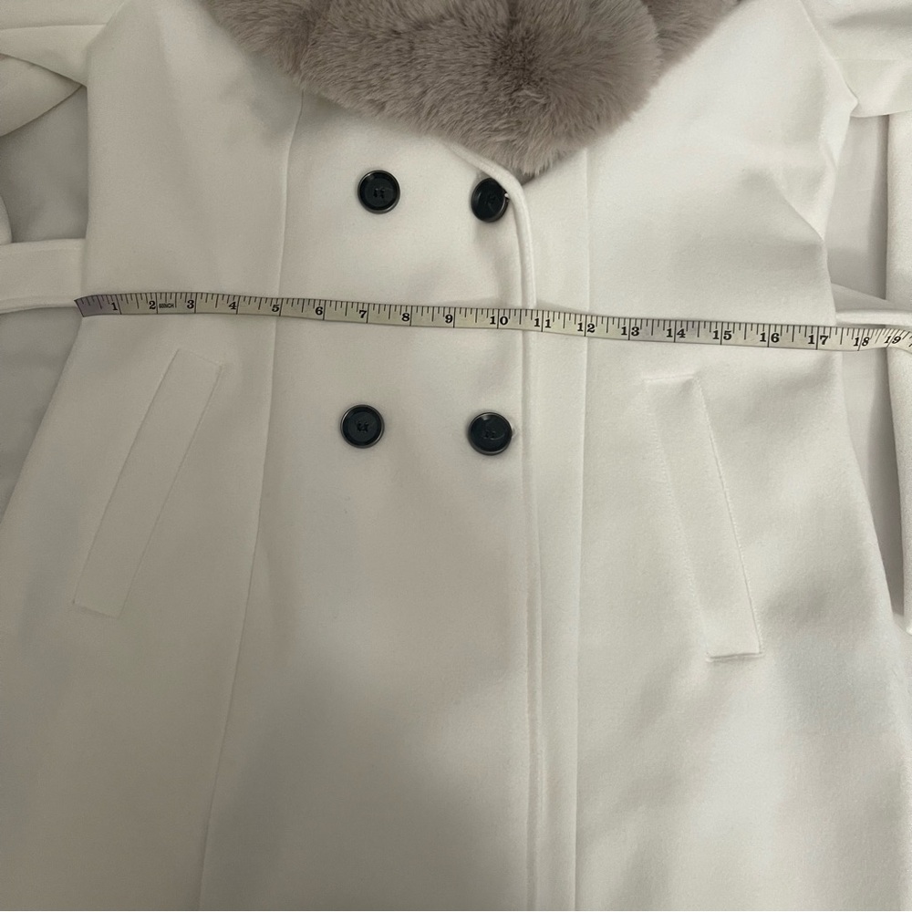 Gray removable faux fur on collar white belted pea coat - Picture 15 of 17